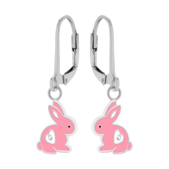 Oorbellen meisje | Zilveren kinderoorbellen | Zilveren oorhangers, roze konijn met wit hartje met kristal