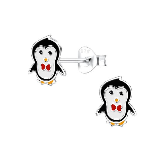 Oorbellen meisje | Zilveren kinderoorbellen | Zilveren oorstekers, pinguïn met rood strikje