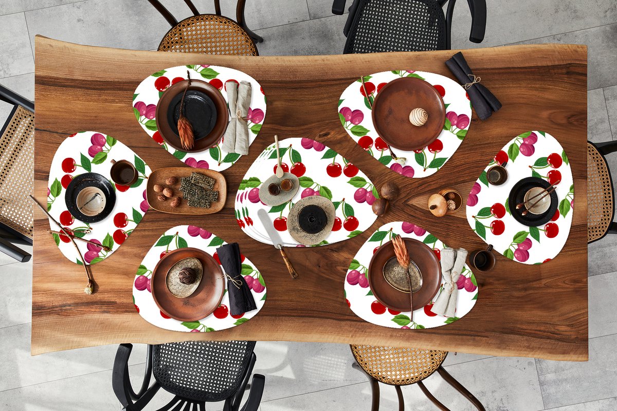 Placemat organisch - Placemats organic - Onderleggers - Kersen - Patronen - Fruit - 10 stuks