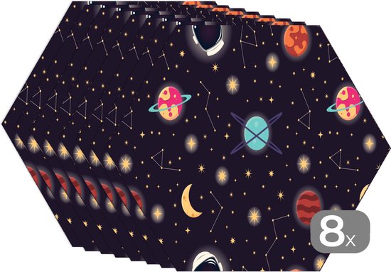 Placemats hexagon - Onderleggers placemats - Placemat zeshoek - Space - Zodiac - Sterren - Design - Heelal - 8 stuks