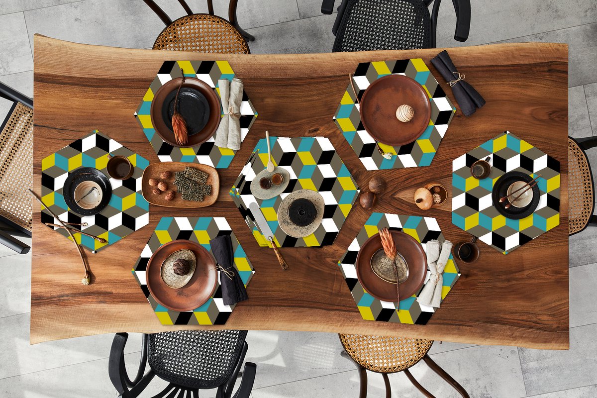 Placemats hexagon - Onderleggers placemats - Placemat zeshoek - Blokken - Patronen - 3D - 10 stuks