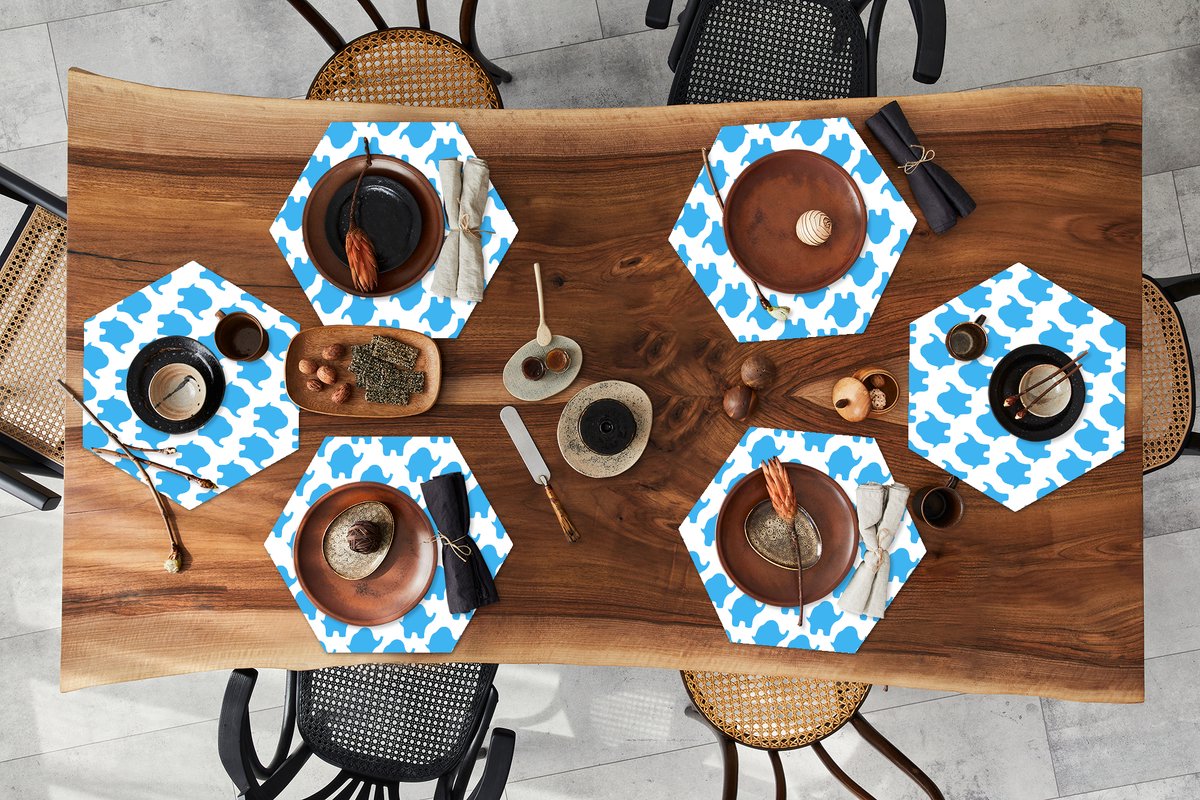 Placemats hexagon - Onderleggers placemats - Placemat zeshoek - Blauw - Olifant - Design - 6 stuks