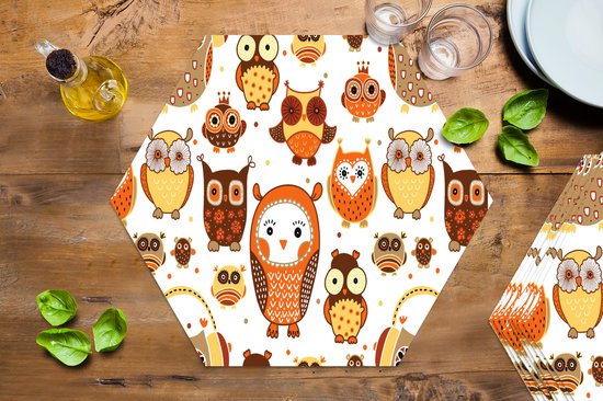 Napperons de table hexagon - Sets de table - Set de table hexagone - Filles - Hibou - Oranje - Motifs - Fille - Enfant - Enfants - 10 pièces