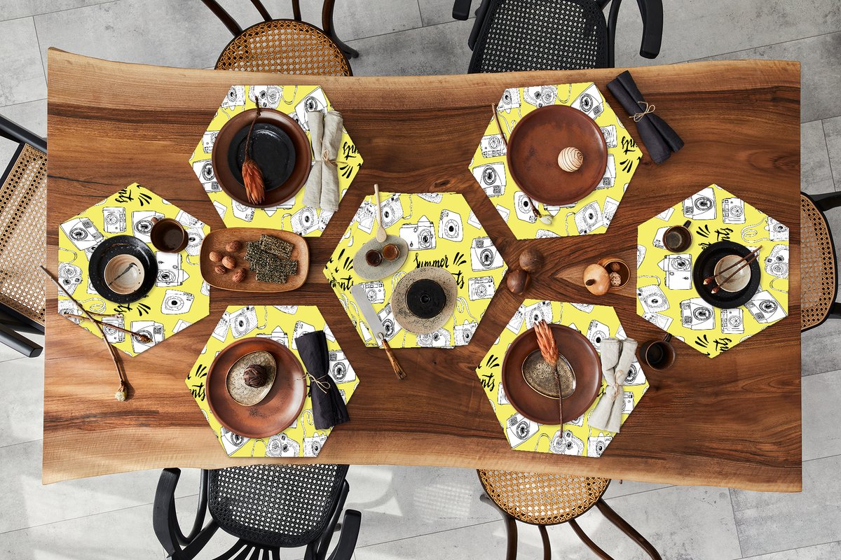 Placemats hexagon - Onderleggers placemats - Placemat zeshoek - Camera - Zomer - Quotes - Patronen - 10 stuks