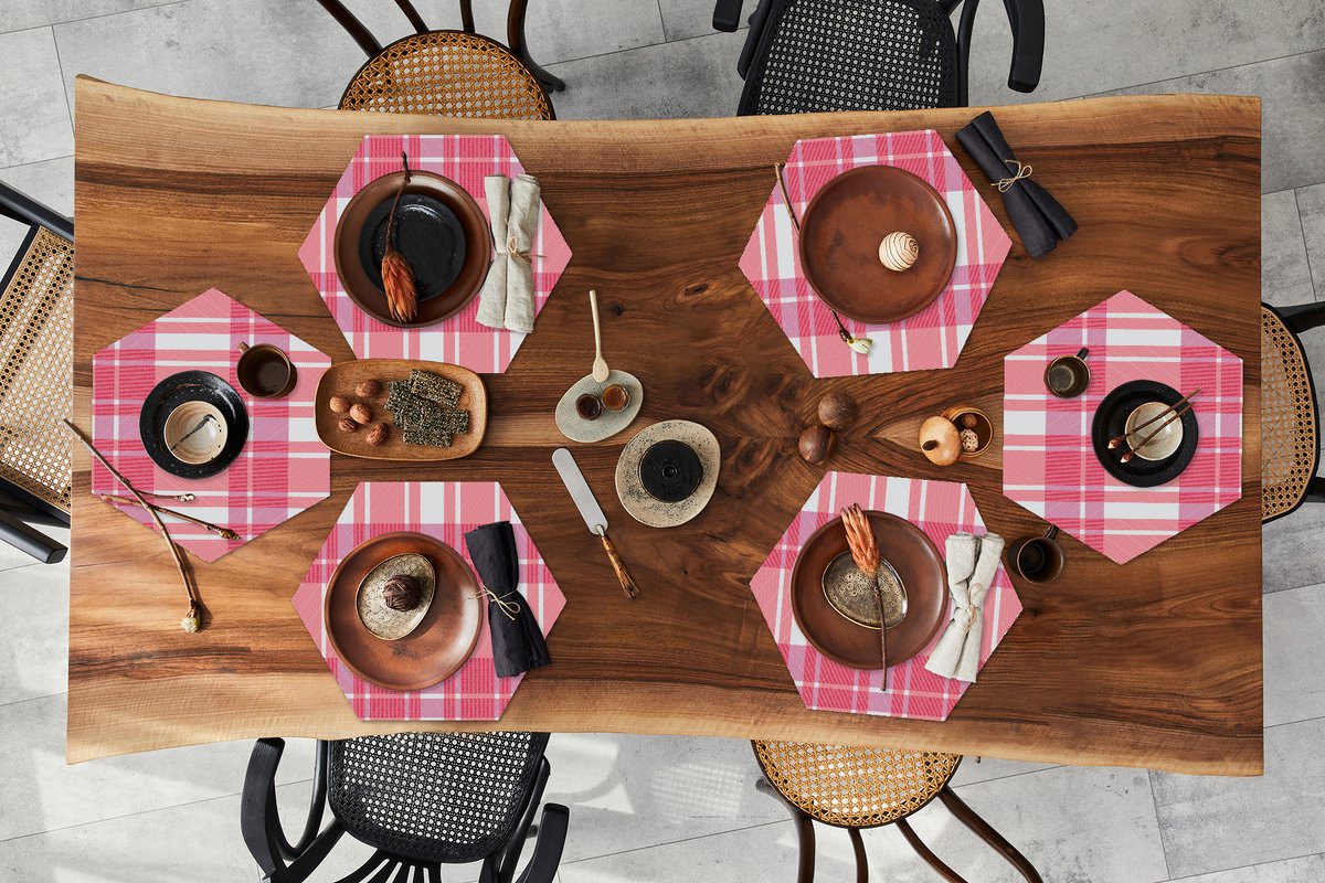 Placemats hexagon - Onderleggers placemats - Placemat zeshoek - Plaid - Roze - Patronen - 6 stuks