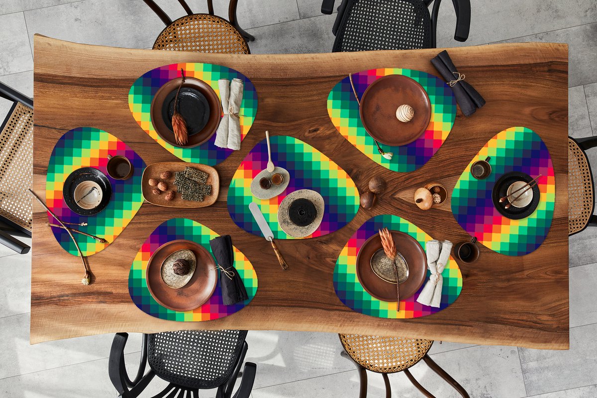 Placemat organisch - Placemats organic - Onderleggers - Regenboog - Patronen - Pixel - 8 stuks
