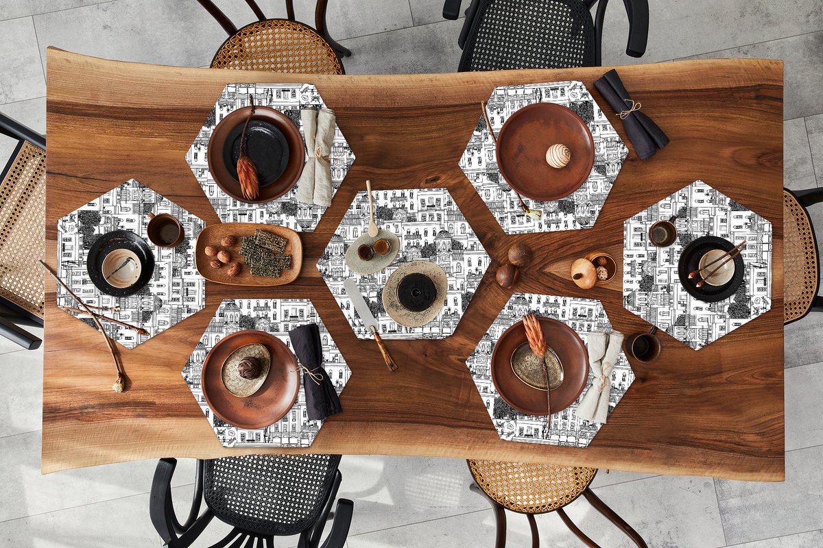 Placemats hexagon - Onderleggers placemats - Placemat zeshoek - Patronen - Athene - Huis - 8 stuks