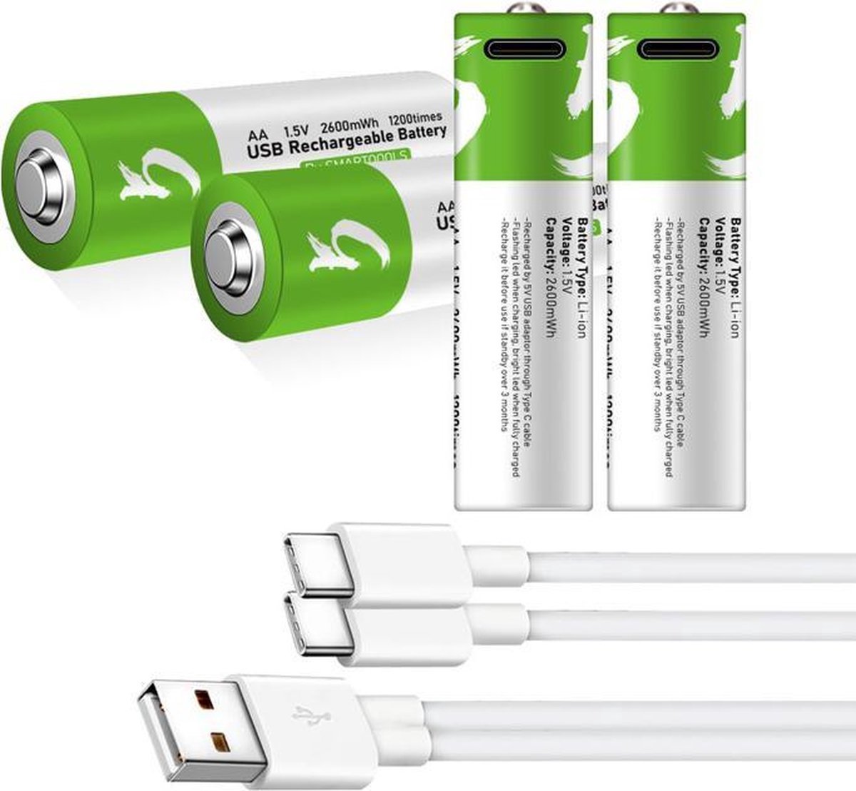 Oplaadbare Li-ion AA Batterijen 1.5V 2600 mWh met 4in1 USB-C Kabel - Duurzame Keuze - Lithium AA batterij - 4 stuks