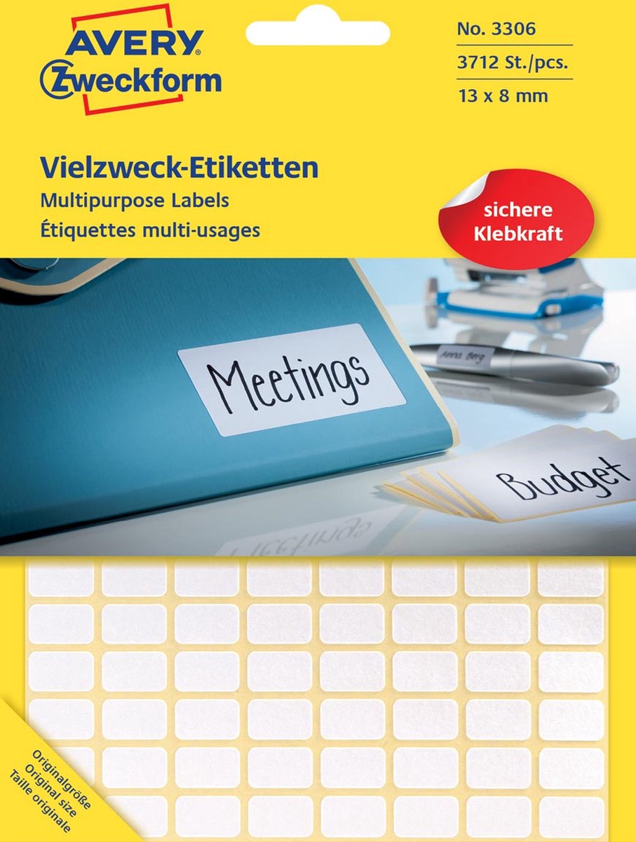 Avery Zweckform 3306 mini etiketten ft 13 x 8 mm (b x h), 3.712 etiketten, wit 120 stuks
