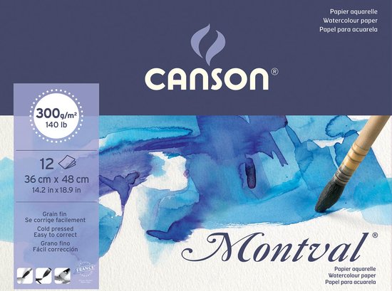 Montval aquarelpapier, wit met fijne korrel 300 g/m², ft 36 x 48 cm, blok met 12 vellen
