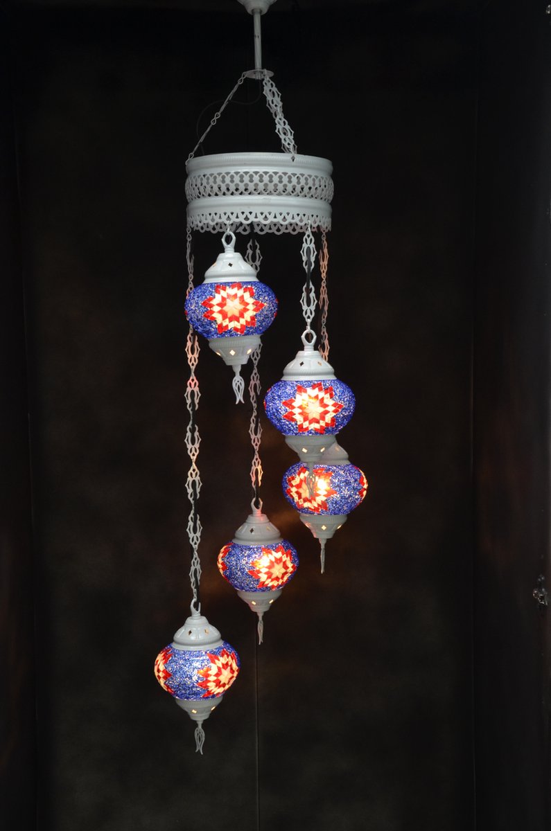 Hanglamp multicolour pastel blauw glas mozaïek 5 bollen Turkse Oosterse Crèmewit Marokkaanse kroonluchter