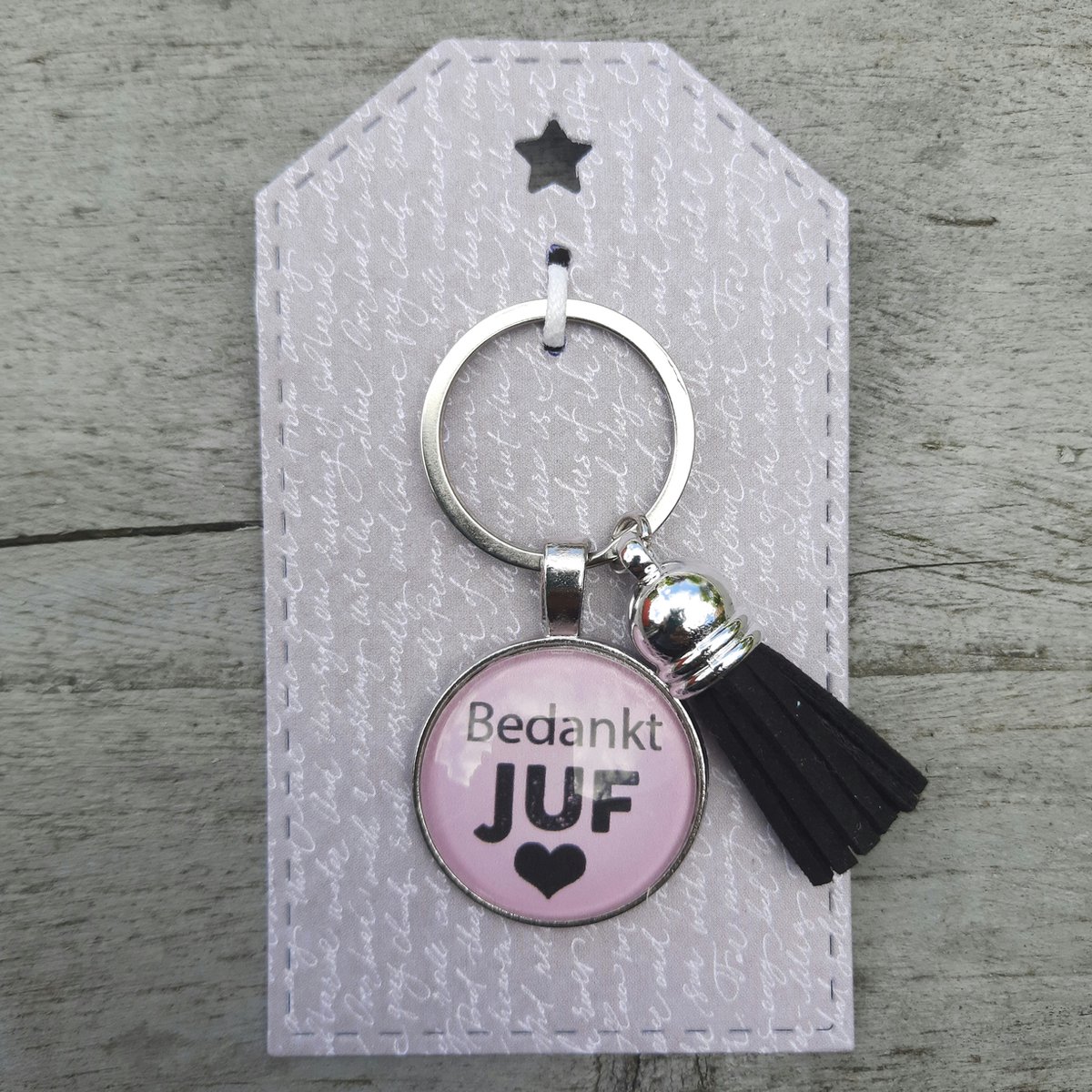 Juffendag sleutelhanger met teksthanger Bedankt Juf roze / zwart