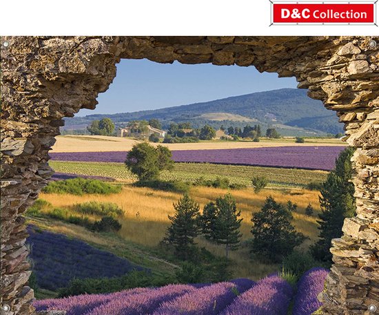 D&C Collection - tuinposter - 90x65 cm - doorkijk - Gat in rots Lavendel - schuttingposter - tuindecoratie - tuindoek
