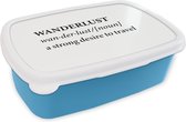 Broodtrommel Blauw - Lunchbox - Brooddoos - Spreuken - Quotes - A strong desire to travel - Wanderlust - Reizen - 18x12x6 cm - Kinderen - Jongen