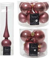 Compleet glazen kerstballen pakket oudroze glans/mat 32x stuks met piek glans - 20x 6 cm - 12x 8 cm