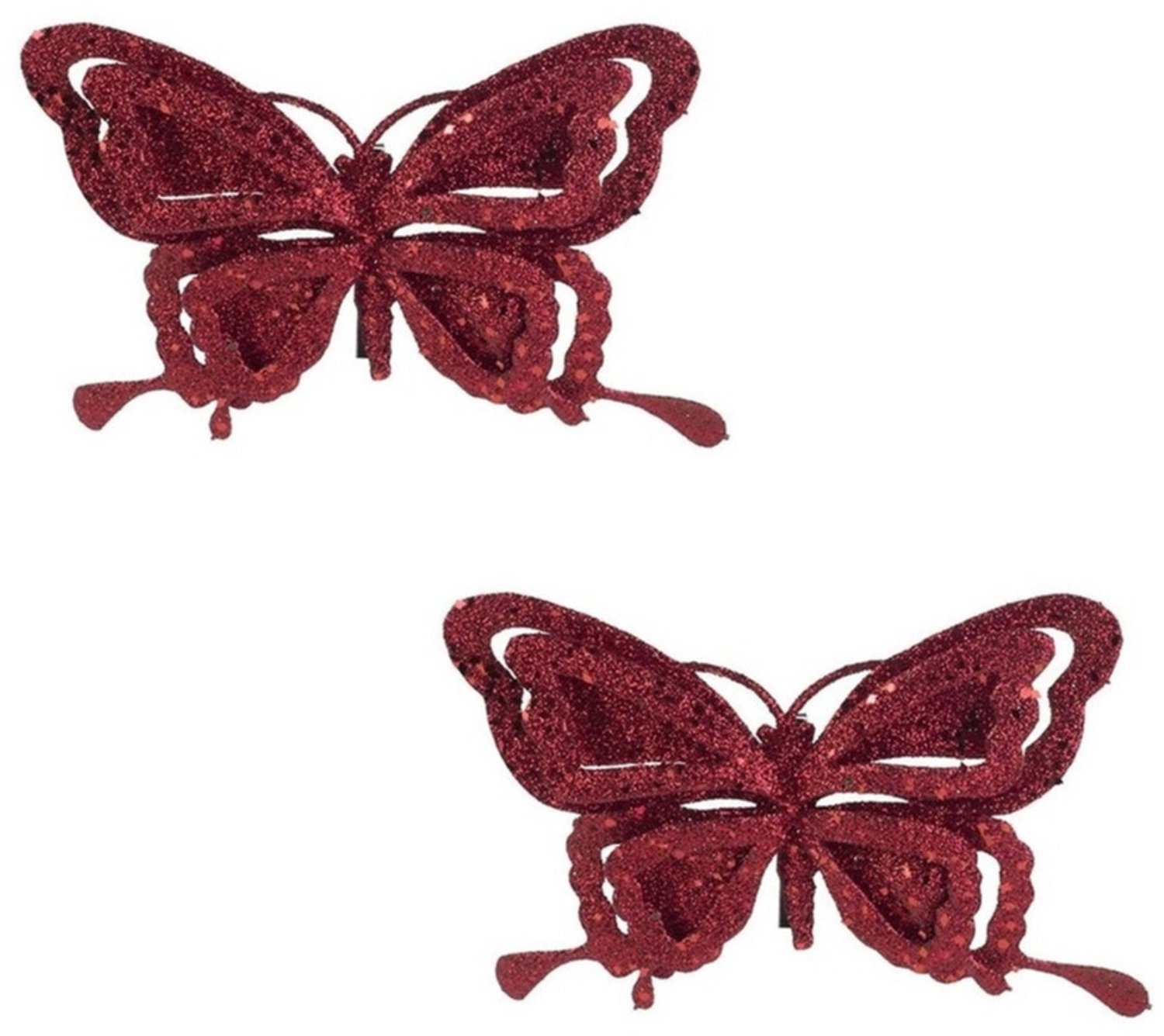 Cosy&Trendy Cosy & trendy Kerstboomversiering - 6x - vlinder op clip - bordeaux rood - glitter - kunststof - 14 cm