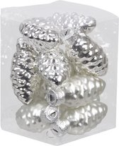 12x Dennenappel kersthangers/kerstballen zilver van glas - 6 cm - mat/glans - Kerstboomversiering
