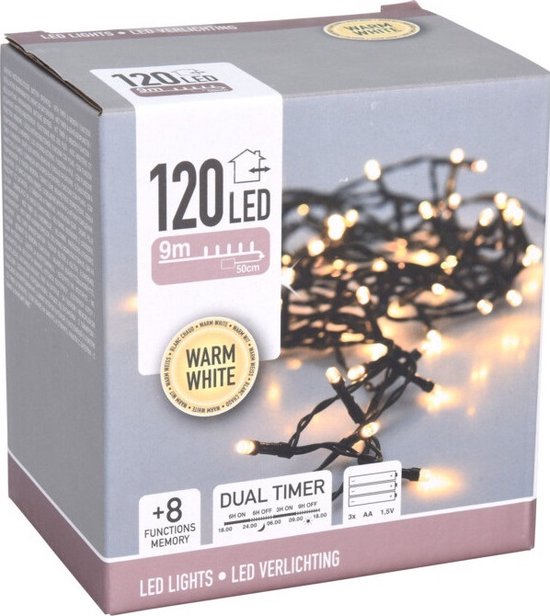 Kerstverlichting – op batterij – warm wit – 120 leds – 900 cm