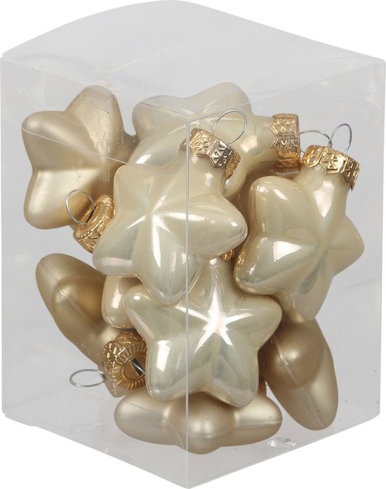 12x Sterretjes kersthangers/kerstballen champagne van glas - 4 cm - mat/glans - Kerstboomversiering