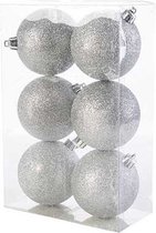 18x Zilveren kunststof kerstballen 8 cm - Glitter - Onbreekbare plastic kerstballen - Kerstboomversiering zilver