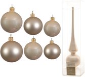 Groot pakket glazen kerstballen champagne glans/mat 50x stuks - 4-6-8 cm incl piek mat 26 cm