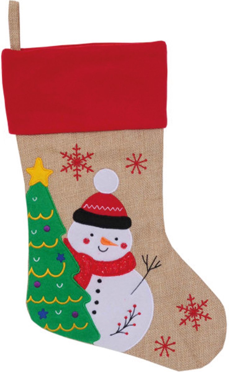 Kerstsok beige/rood met sneeuwpop print 46 cm - Kerstversiering/kerstdecoratie kerstsokken