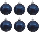 6x Donkerblauwe glazen kerstballen 6 cm - Glans/glanzende - Kerstboomversiering donkerblauw