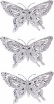 4x stuks kerstboomversiering zilveren glitter vlinder op clip 15 cm