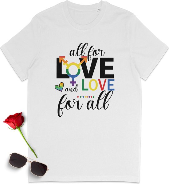 Gay Pride t shirt - Pride tshirt - All for Love - Dames tshirt met print - Heren t shirt met Pride opdruk - Unisex Pride Shirt - Unisex maten: S M L XL XXL XXXL - tshirt kleuren: Wit,  geel, oranje en rood.