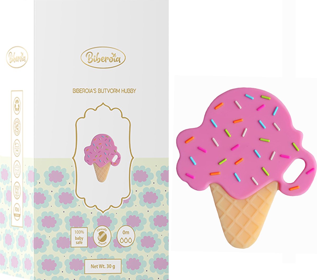 Goedkoopste Biberoia® Bijtring Soft Ijsje – Baby speelgoed - Badspeelgoed - Kraamcadeau – Babyshower cadeau – Vanaf 0 maanden - Aardbei