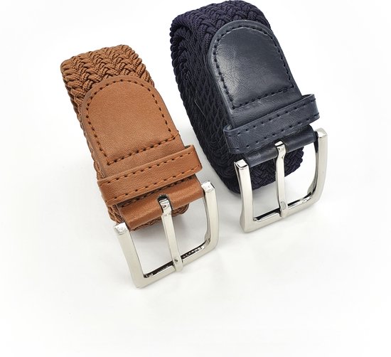 2 pack deal - Elastische broekriem Stretch riem Vlecht riem Gevlochten riem Elastiek riem - unisex - Kleur -Blauw -Cognac