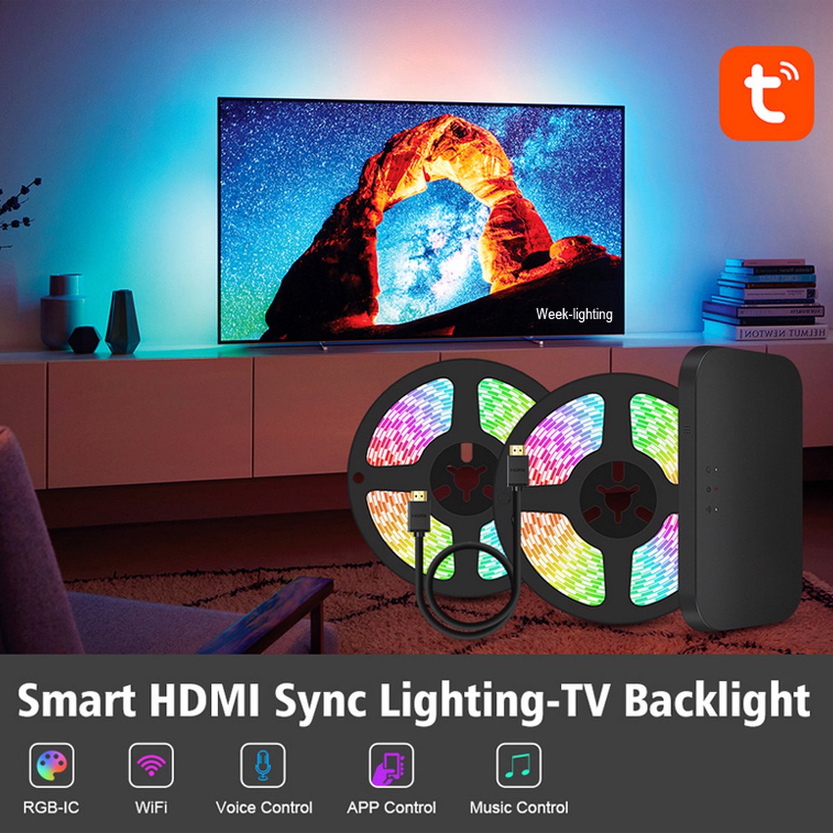 Bande LED IC RVB connectée et intelligente pour TV 55-65 avec boîtier de  synchronisation HDMI