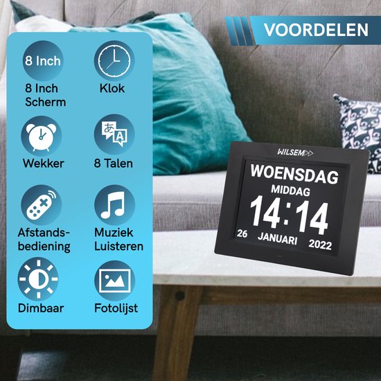 Wilsem Dementieklok voor Ouderen met Dementie en Geheugenverlies – Dementieklokken - Dementieklokken Digitaal - Kalenderklok - Zwart