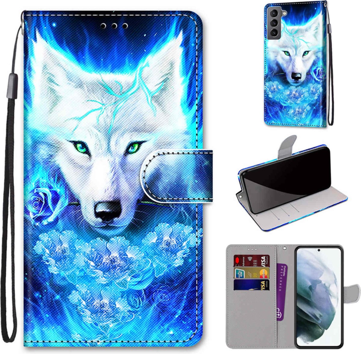 BookCover Hoes Etui geschikt voor Samsung Galaxy S22 5G Wolf. Wit-Blauw