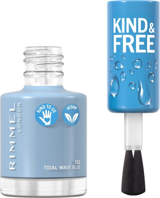 Lichtblauwe Rimmel London nagellak met "KIND & FREE" op de dop. "KIND TO US" en "VEGAN" logo's op de fles.