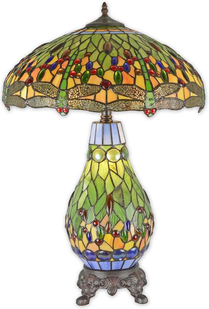 Tiffany tafellamp - Glas in lood - Libelle, groen glas - 68 cm hoog