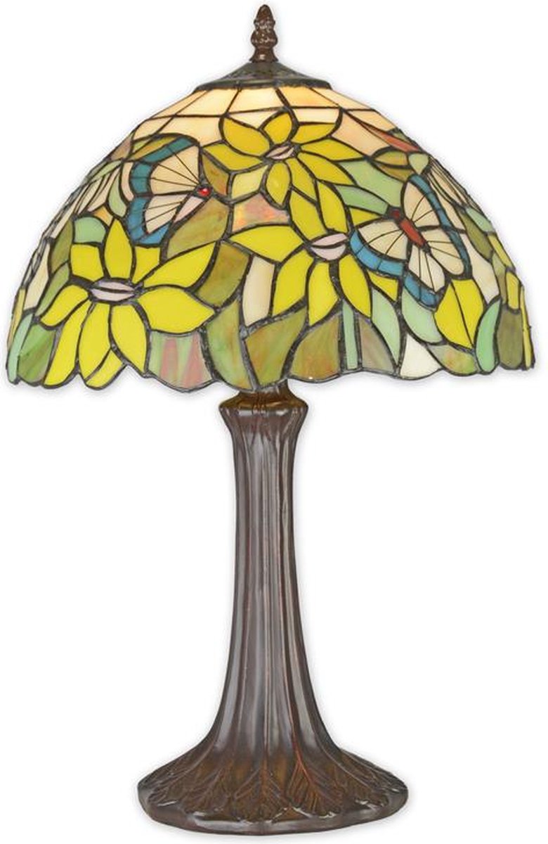 Tiffany tafellamp - Glas in lood - Gele bloemen met vlinders - 46,8 cm hoog
