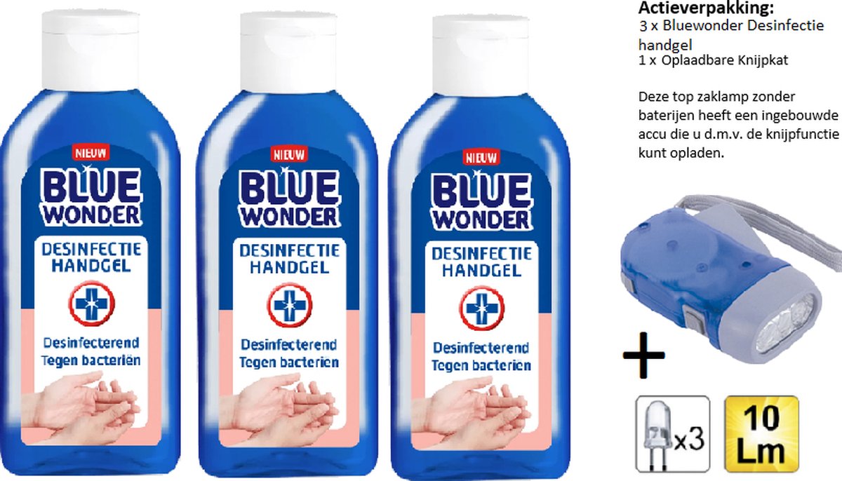 Blue Wonder Desinfectie Handgel - 100 ML - 3 Stuks + Zaklamp/Knijpkat