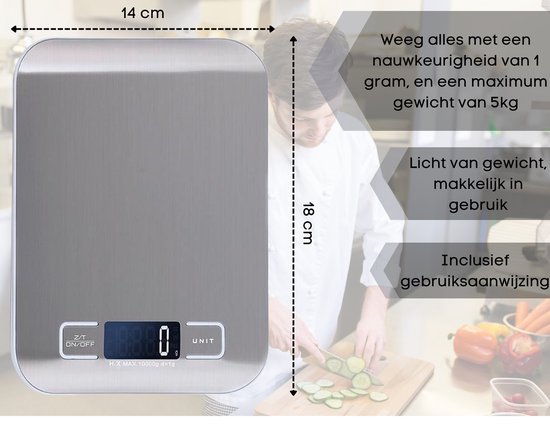 Precisie Keukenweegschaal - Digitale Keukenweegschaal - Tot 5kg - RVS