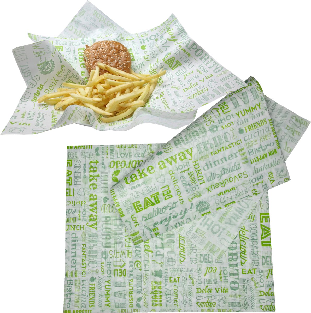 Rainbecom - 28 x 34 cm - 100 Stuks - Hamburger Vetvrij Papier - Duurzaam - Vocht en Vetbestendig - Papieren voor Sandwiches, Hamburgers, Snacks