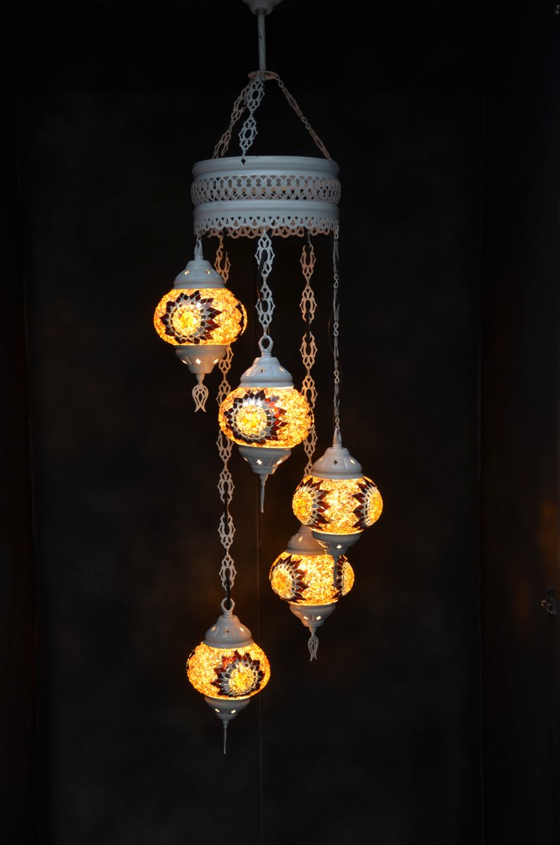 Hanglamp multicolour geel bruin glas mozaïek 5 bollen Turkse Oosterse Crèmewit Marokkaanse kroonluchter