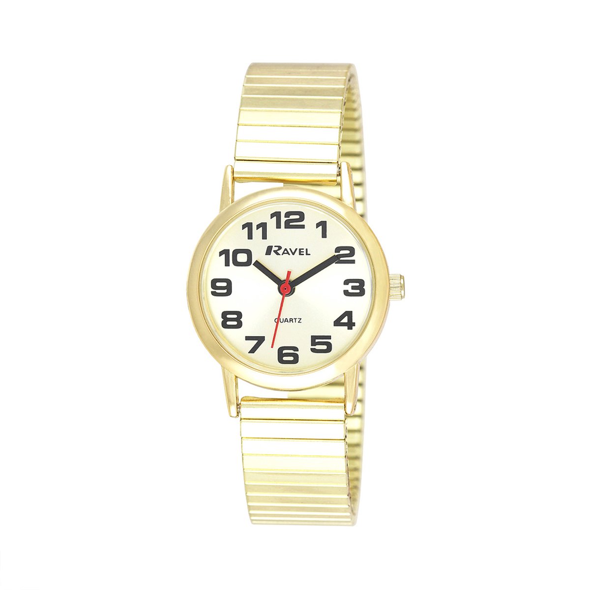 Ravel - dames gemakkelijk te lezen roestvrijstalen expander armband horloge met grote getallen (27mm horlogekast) - Analoge Kwarts - R0208.05.2S - goudkleurig / goude wijzerplaat
