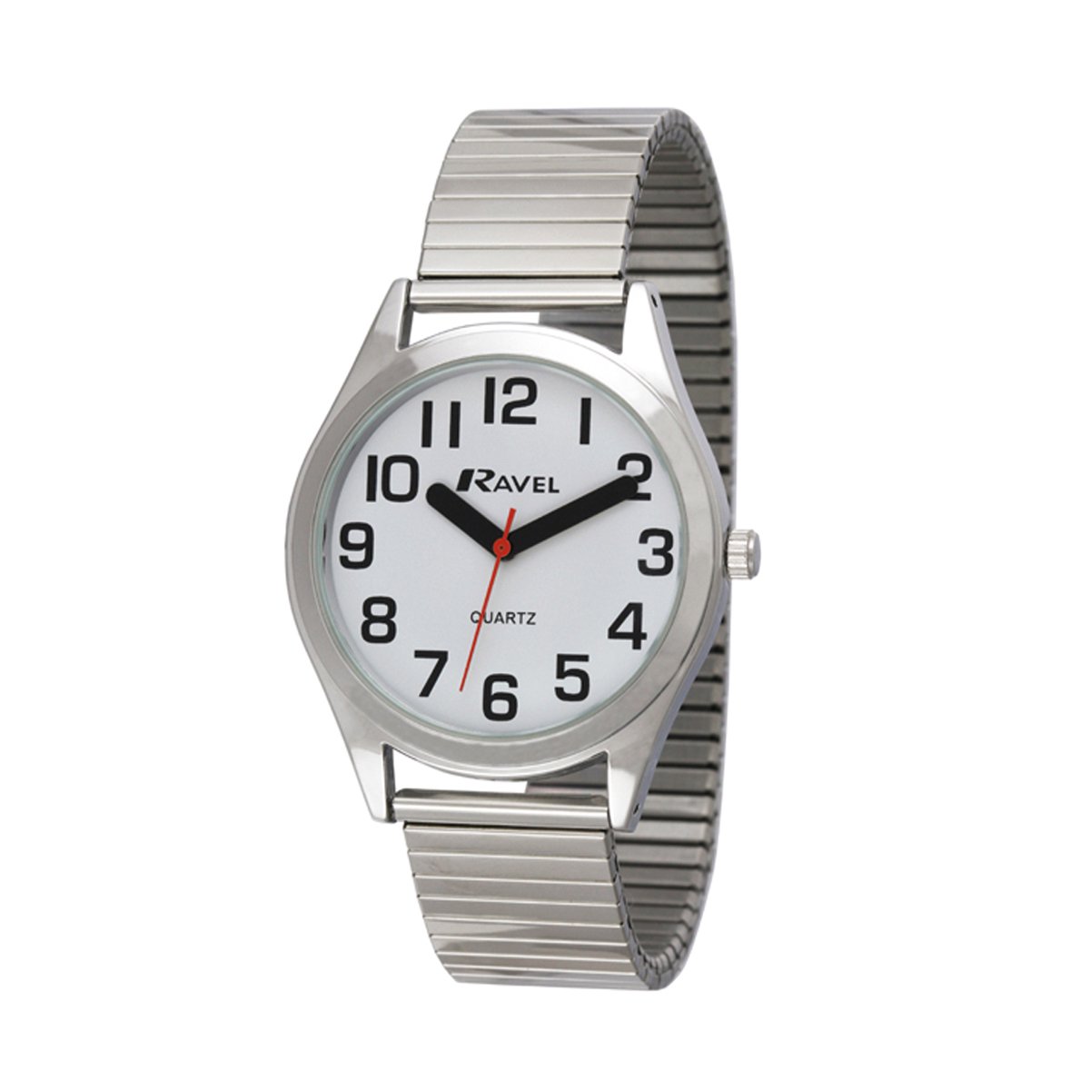 Ravel - heren super gewaagd zicht hulp roestvrij staal expander armband horloge met grote getallen en handen (36mm horlogekast) - Analoge Kwarts - R0225.01.1 - zilverkleurig / witte wijzerplaat