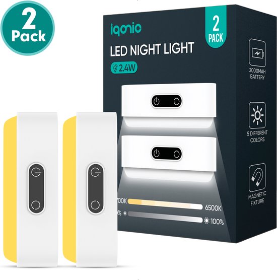 Iqonic - LED Bedlamp - 2 Stuks - Hoofdbord - Slaapkamer Volwassen & Kinderen - 5 Kleuren - Dimbaar - USB oplaadbaar - Warm/Wit Licht - Leeslamp