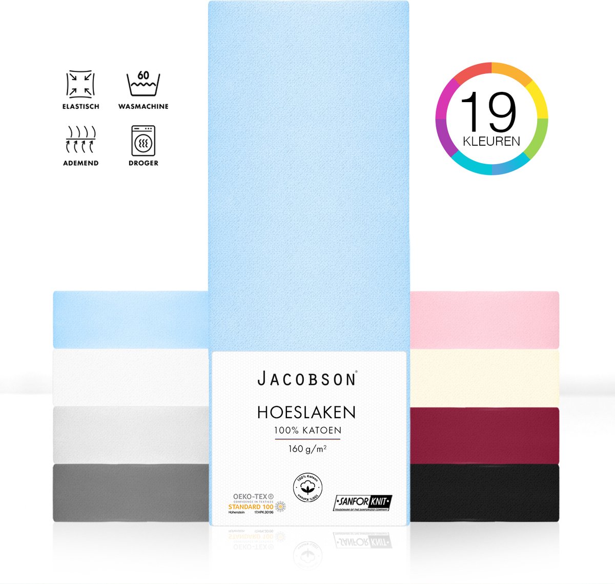 Jacobson PREMIUM - Jersey Hoeslaken - 160x200cm - 100% Katoen - tot 23cm matrasdikte - Lichtblauw