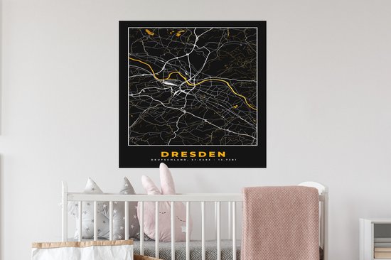 Muurstickers - Sticker Folie - Dresden - Goud - Stadskaart - Plattegrond - Kaart - Duitsland - 80x80 cm - Plakfolie - Muurstickers Kinderkamer - Zelfklevend Behang - Zelfklevend behangpapier - Stickerfolie