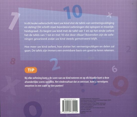 Achterkant van het "Mijn oefenschrift De tafels 7-8 jaar groep 4" boek, met paarse en roze achtergrond en grote getallen.