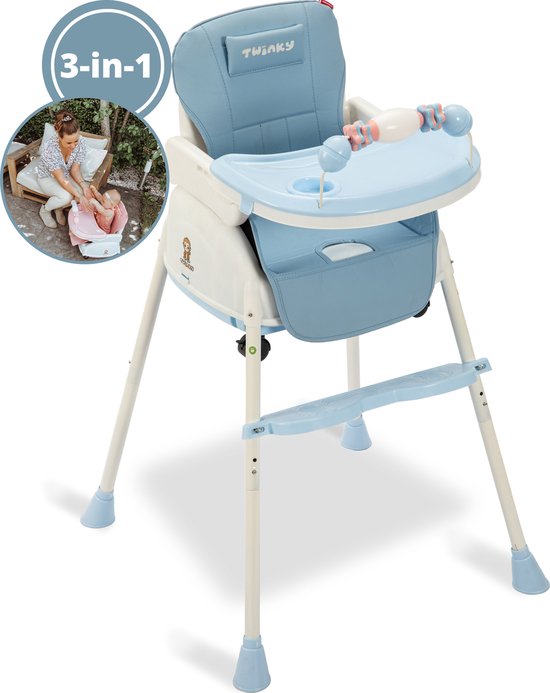 Twinky® Kinderstoel – 2-in-1 Kinderwagen Set – Blauw – Inklapbare Eetstoel & Baby Wagentje en Babystoel Voor Aan Tafel – Kinderzetel, Peuterstoeltje en Meegroeistoel in 1