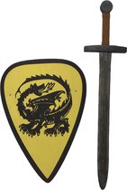 Houten Zwarte Ridder zwaard met ridderschild geel met draak kinderzwaard schild