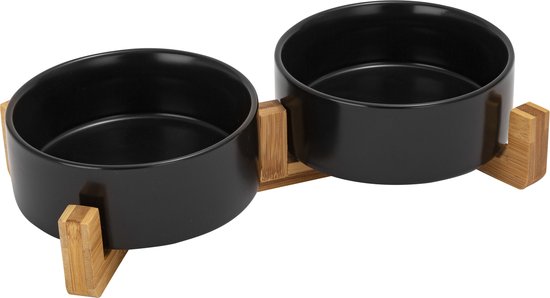 Voerbak Hond - Voerbak Kat - Drinkbak - Met Standaard - 2x 400 ml - Maat S - Zwart
